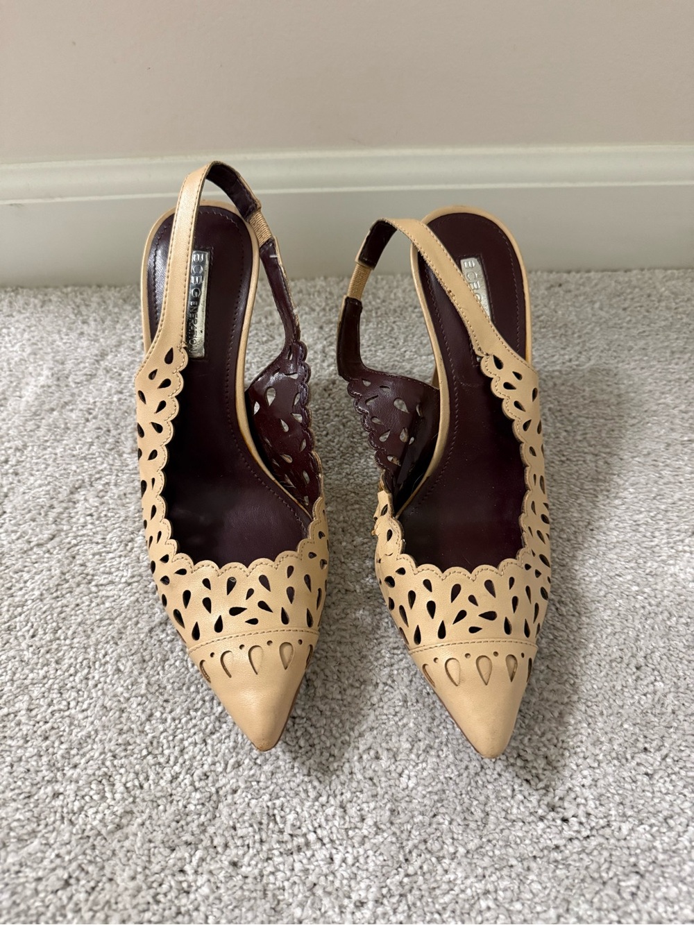 BCBGeneration Tan Laser-Cut Slingback Pointed Heels